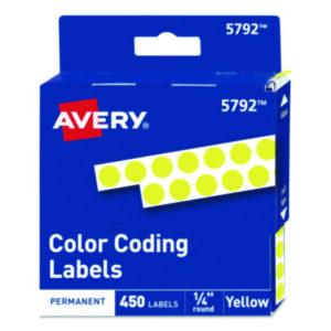 1/4" Diameter; 450 Labels per Pack; Color-Coding; Dot; Dots; Label; Labels; Permanent; Round; Self-Adhesive; Signal Dot; Yellow; Identifications; Classifications; Stickers; Shipping; Receiving; Mailrooms; AVERY