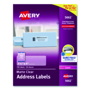 1-1/3 x 4; Address; Address Labels; Clear; Label; Labels; Laser; Laser Printer; Laser Printer Labels; Smooth Feed Sheets; Identifications; Classifications; Stickers; Shipping; Receiving; Mailrooms