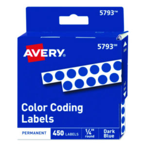 1/4" Diameter; 450 Labels per Pack; Color-Coding; Dark Blue; Dot; Dots; Label; Labels; Permanent; Round; Self-Adhesive; Identifications; Classifications; Stickers; Shipping; Receiving; Mailrooms; AVERY