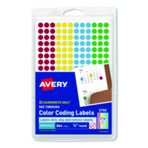 1/4" Diameter; 864 Labels per Pack; Assorted Colors; Color-Coding; Dot; Dots; Label; Labels; Removable; Removable Labels; Round; Self-Adhesive; Identifications; Classifications; Stickers; Shipping; Receiving; Mailrooms; AVERY