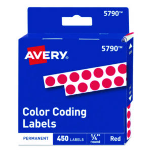 1/4" Diameter; 450 Labels per Pack; Color-Coding; Dot; Dots; Label; Labels; Permanent; Red; Round; Self-Adhesive; Signal Dot; Identifications; Classifications; Stickers; Shipping; Receiving; Mailrooms; AVERY