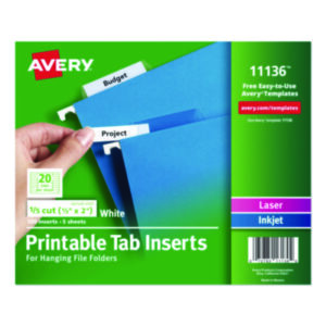 1/5 Cut; 2" Wide; AVERY; Hanging File Folder Tabs & Inserts; Hanging File Folders & Supplies; Index Tab; Inkjet; Insertable Tabs & Inserts; Inserts; Laser; Tab; Tab Inserts; Tabs; White; Filing; Labeling; Indicators; Directories; Arranging; Files; Identification