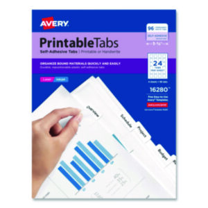 1-1/4 x 1 Tab; 96 Tabs per Pack; AVERY; Index Tab; Indexes; Inkjet Printer; Insertable Tab Indexes; Laser Printer; Printable; Self-Adhesive; Tab; Tab Indexes; White; Filing; Labeling; Indicators; Directories; Arranging; Files; Identification