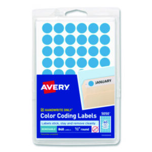 1/2" Diameter; 840 Labels per Pack; Color-Coding; Dot; Dots; Label; Labels; Light Blue; Removable; Removable Labels; Round; Self-Adhesive; Identifications; Classifications; Stickers; Shipping; Receiving; Mailrooms; AVERY