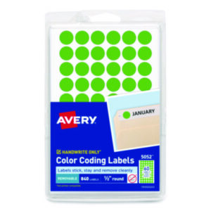 1/2" Diameter; 840 Labels per Pack; Color-Coding; Dot; Dots; Green Neon; Label; Labels; Removable; Removable Labels; Round; Self-Adhesive; Identifications; Classifications; Stickers; Shipping; Receiving; Mailrooms; AVERY