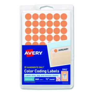 1/2" Diameter; 840 Labels per Pack; Color-Coding; Dot; Dots; Label; Labels; Orange Neon; Removable; Removable Labels; Round; Self-Adhesive; Identifications; Classifications; Stickers; Shipping; Receiving; Mailrooms; AVERY