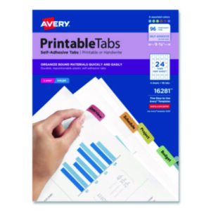 1-1/4 x 1 Tab; 96 Tabs per Pack; Assorted Colors; AVERY; Index Tab; Indexes; Inkjet Printer; Insertable Tab Indexes; Laser Printer; Printable; Self-Adhesive; Tab; Tab Indexes; Filing; Labeling; Indicators; Directories; Arranging; Files; Identification