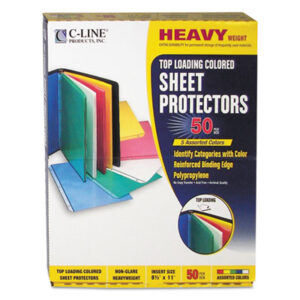 50 Protectors per Box; C-LINE; Looseleaf; Nonglare; Pastel Colors; Protector; Ring Binder; Sheet; Sheet Protectors; Top-Loading; Transparent; Sleeves; Sheaths; Storage; Filing; Protection