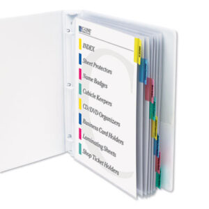 8 Colored Tab Set; Assorted Colors; C-LINE; Clear; Colored Tabs; Index Tabbed; Indexed; Looseleaf; Protector; Ring Binder; Sheet; Sheet Protectors; Top-Loading; Sleeves; Transparent; Sheaths; Storage; Filing; Protection